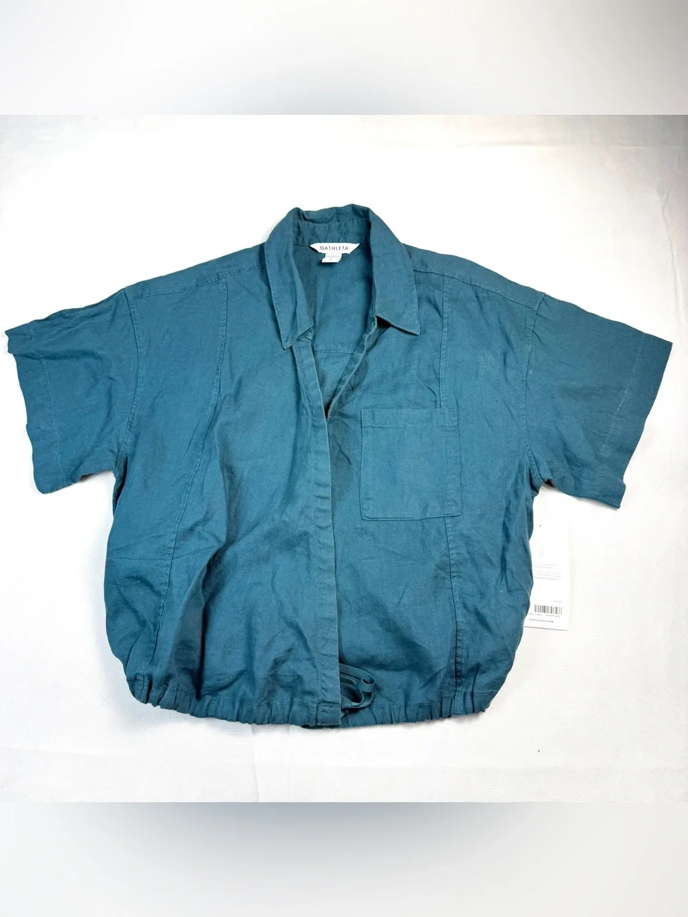 Athleta Playa Tie Top Women’s Large Teal Blue 100% Linen Cropped Shirt NWT
